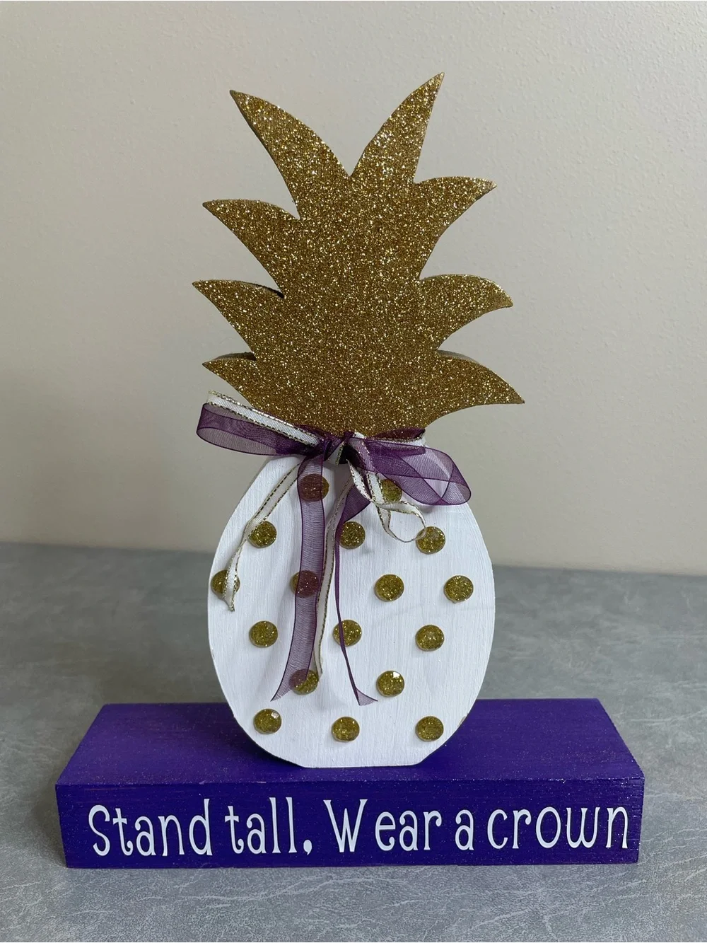 Hand Crafted White, Gold & Purple Pineapple Table Decor